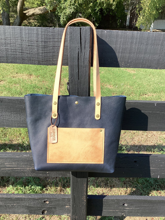 Navy Tote with Veggie Tan Pocket and Straps