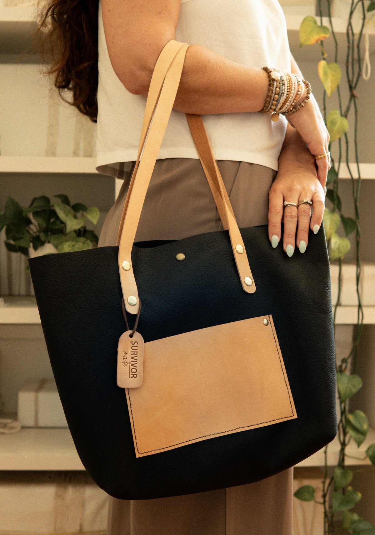 Navy Blue Kodiak with Veg Tan Large Tote