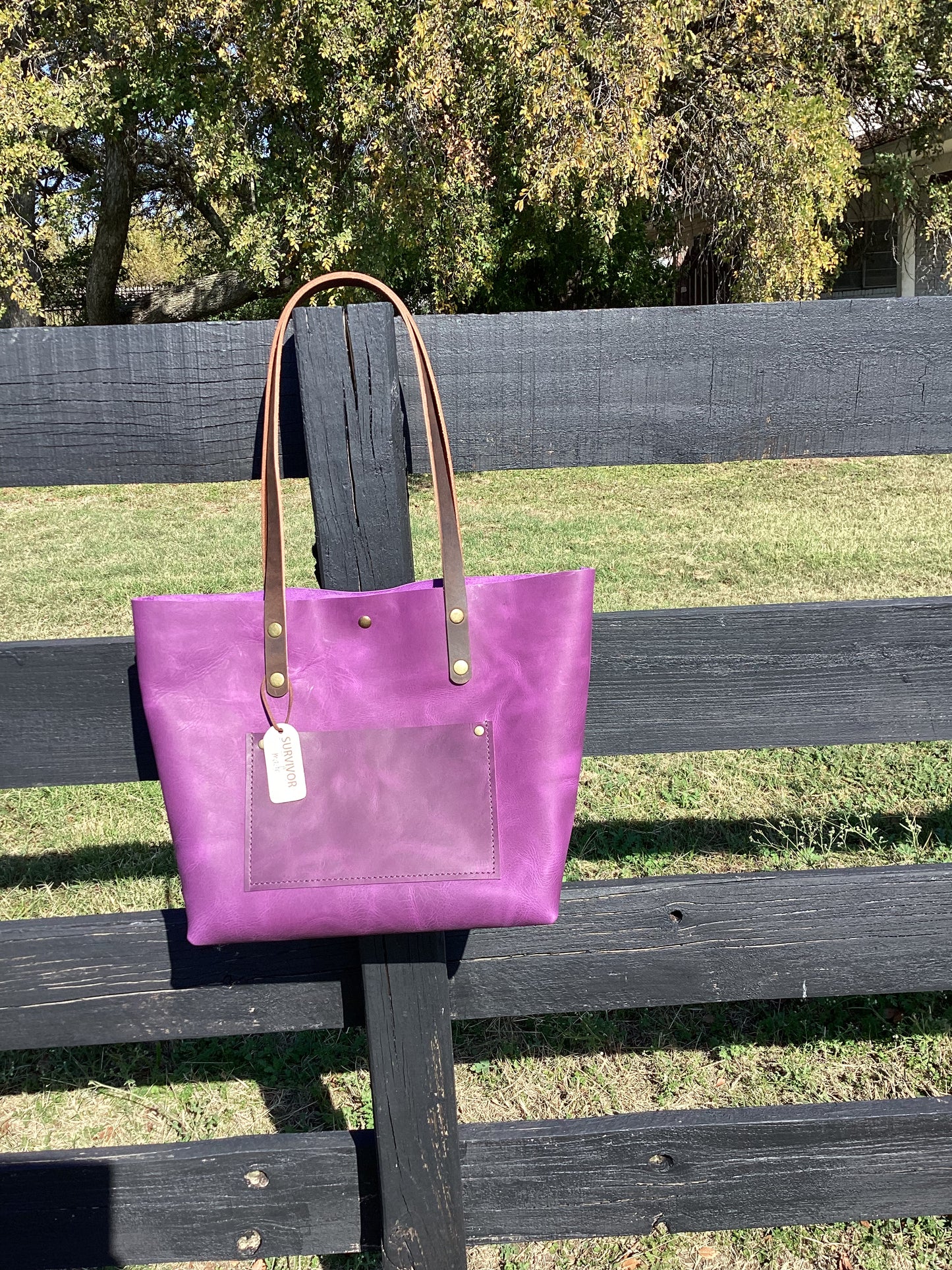 Purple Large Tote with Brown Straps